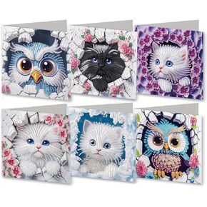MaiYiYi 6 Pack 5D DIY White Cat Diamond Art Cards Owl Diamond Painting Cards Kit Cute Owl Diamond Art Greeting Cards Cute Cat Diamond Painting Greeting Cards for Family Friends Holiday Birthday