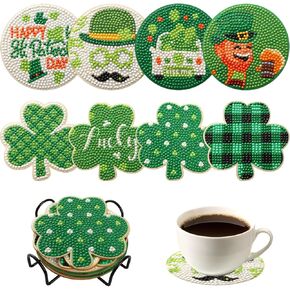 BCXFBXD 8PCS St Patrick's Diamond Art Coasters Kits Shamrock Round Diamond Susters Craft Supplies Handmade Diy Diamond Art Coasters مع هدايا حامل للمبتدئين