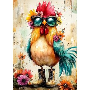 Lxmsja Chicken Diamond Art Kits for Adults, Flowers DIY Full Drill Diamond Painting Kits for Beginners, 5D Gem Art Crafts for Adults, Home Wall Decor 12x16 inch
