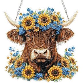 RICUVED Hanging Diamond Art Painting Kit Cow, Special Shaped Crystal Gem Craft Sunflower Diamond Painting Pendant Kit for Adults Beginners, DIY Hanging Diamond Art Ornament Kit for Home Garden Decor