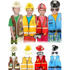 4 Set Dress Up Vest Career Costume Set Construction Police Firemen Explorer Vest Hat for Halloween Cosplay