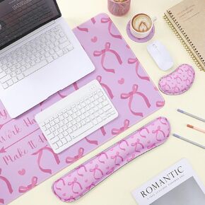 4 PCS Pink Bow Inspirational Quote Mouse Pad Set 4 in 1 XXL Coquette Mouse Pad Coaster Cashion Cashion Prest Stay Exivent