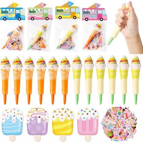B1ykin Squeeze Pens Hightery Hightery ، 12pcs Party Party Party Gift مع ملصقات الملصقات اللزجة ، وأقلام الإسفنج اللطيفة مجموعة حشو حقيبة جيدة لأطفال المدارس （الآيس كريم）