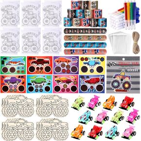 97 PCS Monster Truck Party Favors تشمل كتاب التلوين أساور صفعة الصفعات القاطعات الحرف اليدوية اللغز Mini Care Car Card Watercolor Card for Truck Car Decor