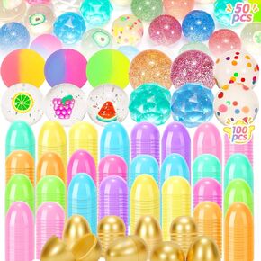 بيض عيد الفصح فارغ 100pcs والكرات نطاطات حشو 50 ٪ ، هدايا عيد الفصح البيض الذهبي للأطفال يفضل pinata goodie أكياس الكنز ألعاب ألعاب الفصول الدراسية