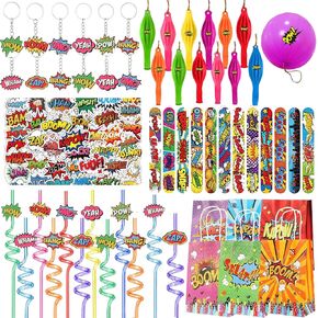 110 Pcs Hero Party Favors with 12 Hero Punch Balloons 12 Drinking Straws 12 Hero Slap Bracelets 12 Keychains 50 Stickers and 12 Gift Bags for Hero Birthday Party Supplies