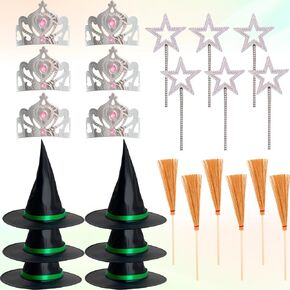 24 Pcs Witch Party Favors - Witch & Princess Dress up Set with Hats, Crowns, Star Wands & Brooms Decoration for Pink and Green Themed Party Supplies, Birthday Costume Cosplay Gift ﻿