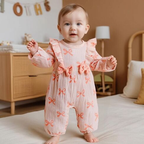 Newborn Baby Girl Fall Romper Puff Sleeve Floral Print Bowknot Ruffle Cotton Linen Jumpsuit with Headband 0 3 6 12 18 Months in Kuwait