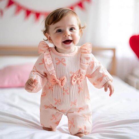 Newborn Baby Girl Fall Romper Puff Sleeve Floral Print Bowknot Ruffle Cotton Linen Jumpsuit with Headband 0 3 6 12 18 Months in Kuwait