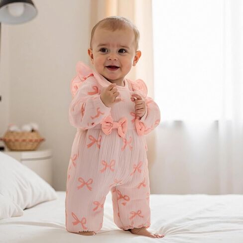 Newborn Baby Girl Fall Romper Puff Sleeve Floral Print Bowknot Ruffle Cotton Linen Jumpsuit with Headband 0 3 6 12 18 Months in Kuwait
