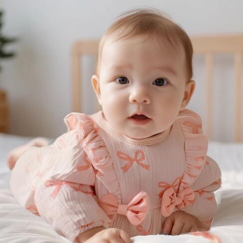 Newborn Baby Girl Fall Romper Puff Sleeve Floral Print Bowknot Ruffle Cotton Linen Jumpsuit with Headband 0 3 6 12 18 Months in Kuwait