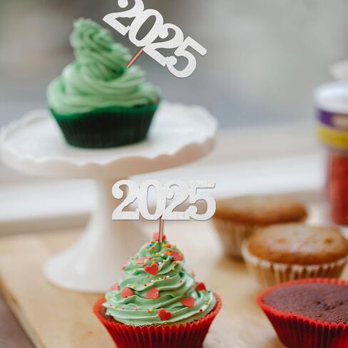 24 Pack 2025 Cupcake Toppers, Glitter 2025 Food Cake Picks Decoration for New Year Birthday Wedding Graduation Party Dessert Decoration (Gold) in Kuwait