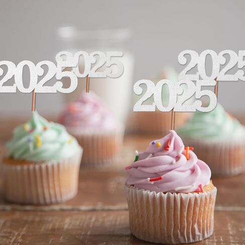 24 Pack 2025 Cupcake Toppers, Glitter 2025 Food Cake Picks Decoration for New Year Birthday Wedding Graduation Party Dessert Decoration (Gold) in Kuwait