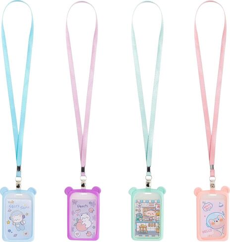 IUAQDP 4 Pieces Little Bear Ear ID Badge Holder with Flat Neck Lanyard, Cute Cartoon Animal Name Card Case Nametags Protector, Hanging Credit Card Cover for Nurse Student Women Girl Boy School Office in Kuwait