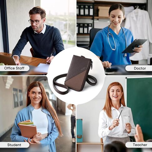 VULKIT Leather Work ID Badge Holder for Lanyard with Zipper Pocket, Work Badge Lanyard for Women and Men, Suitable for Offices Staff, Teacher, Can Hold Coins, Key, Cash, Credit Card, Jet Black in Saudi Arabia