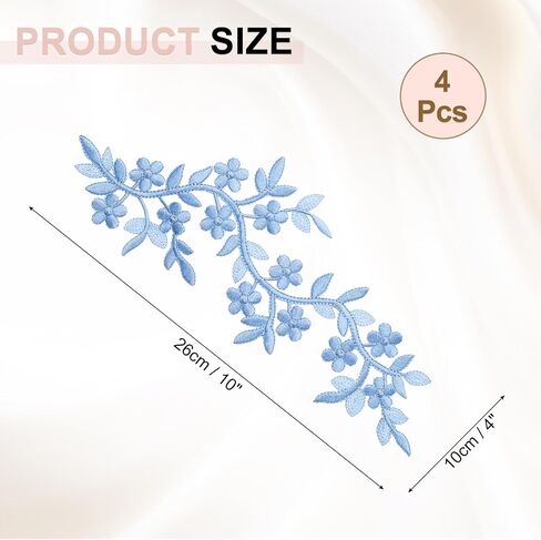 uxcell 4Pcs Long Patch Flower Vine with Leaf, 10" x 4" Iron on Plum Patches Polyester Embroidered Applique for Curtain Pillow Clothes Sewing and Decoration, Blue in Saudi Arabia