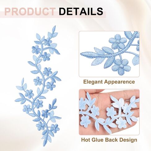 uxcell 4Pcs Long Patch Flower Vine with Leaf, 10" x 4" Iron on Plum Patches Polyester Embroidered Applique for Curtain Pillow Clothes Sewing and Decoration, Blue in Saudi Arabia