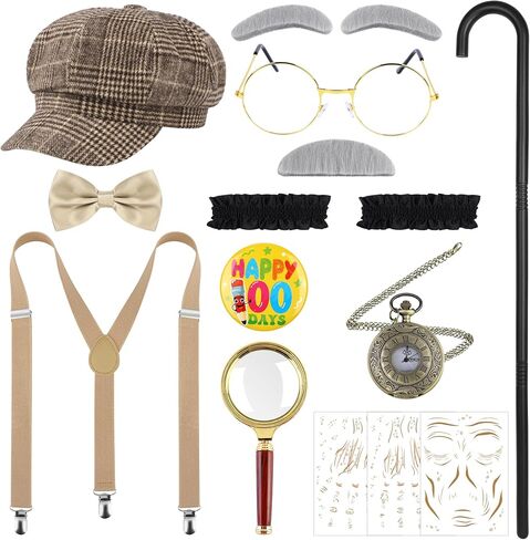 Aothso 12 PCS Boy Old Man Assume 100 Days of School Outfit 1920s Kid Grandpa with with Newsboy Cap Semarender Meganify Glass in Kuwait