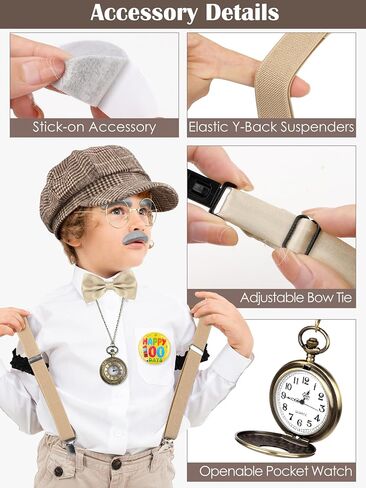 Aothso 12 PCS Boy Old Man Assume 100 Days of School Outfit 1920s Kid Grandpa with with Newsboy Cap Semarender Meganify Glass in Kuwait