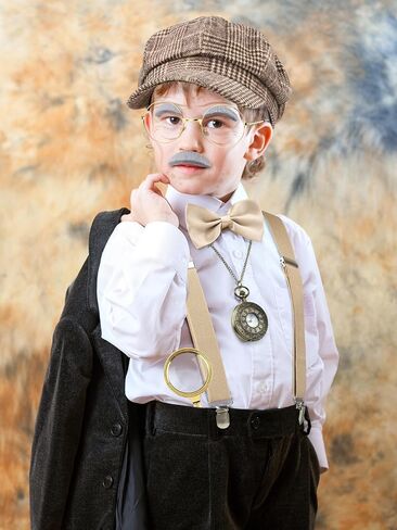 Aothso 12 PCS Boy Old Man Assume 100 Days of School Outfit 1920s Kid Grandpa with with Newsboy Cap Semarender Meganify Glass in Kuwait