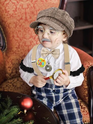 Aothso 12 PCS Boy Old Man Assume 100 Days of School Outfit 1920s Kid Grandpa with with Newsboy Cap Semarender Meganify Glass in Kuwait