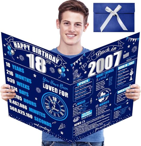 Jumbo Happy Happy 18th Birthday with Envelope for Boy ، Blue Silver 18 First Firsting Guest Book Party Supplies ، Big Back in 2007 Feeendeen Bdday Gift in Kuwait