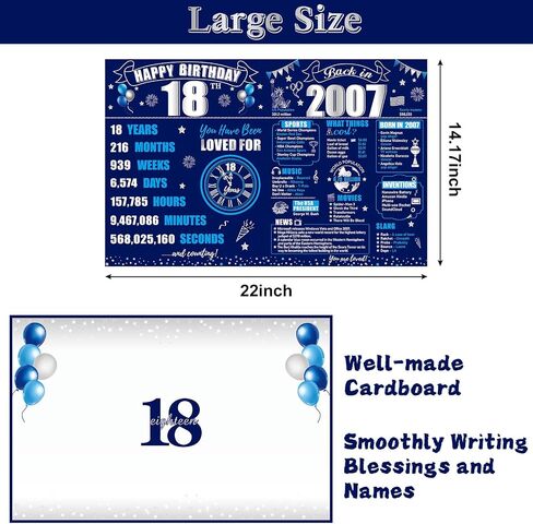 Jumbo Happy Happy 18th Birthday with Envelope for Boy ، Blue Silver 18 First Firsting Guest Book Party Supplies ، Big Back in 2007 Feeendeen Bdday Gift in Kuwait