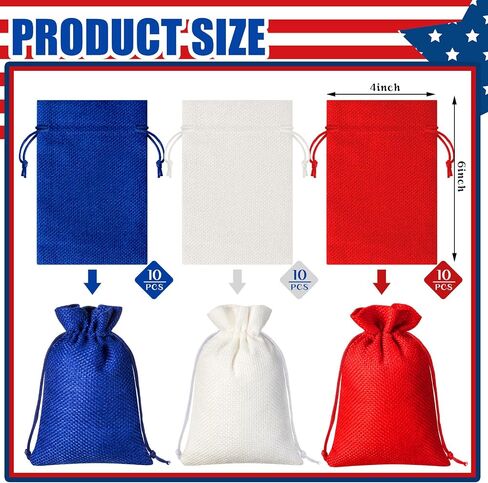 Sweetude 30 Pcs 4th of July Burlap Gifts Bags with Drawstring 4 x 6 Inch Patriotic Party Favor Bags Bulk Fourth of July Party Supplies for Independence Day Memorial Day Veterans Day(Blue, Red, White) in Saudi Arabia