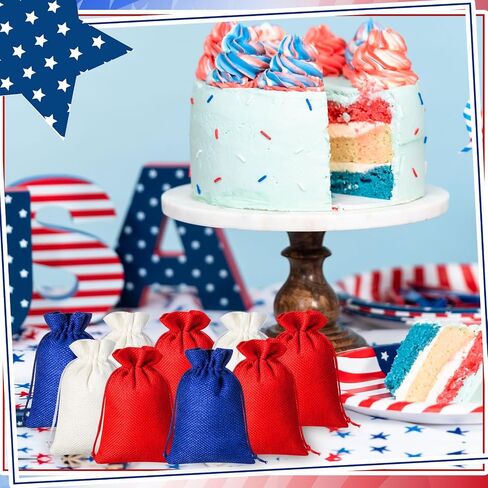 Sweetude 30 Pcs 4th of July Burlap Gifts Bags with Drawstring 4 x 6 Inch Patriotic Party Favor Bags Bulk Fourth of July Party Supplies for Independence Day Memorial Day Veterans Day(Blue, Red, White) in Saudi Arabia
