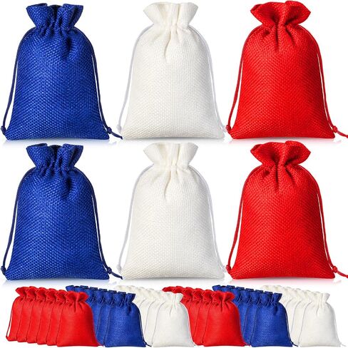 Sweetude 30 Pcs 4th of July Burlap Gifts Bags with Drawstring 4 x 6 Inch Patriotic Party Favor Bags Bulk Fourth of July Party Supplies for Independence Day Memorial Day Veterans Day(Blue, Red, White) in Saudi Arabia