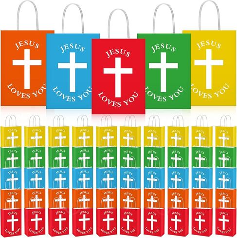 Fullhawl 50 PCS Easter Christian Gift Bags Bulk يسوع يحبك أكياس الورق الدينية مع مقبض معمودية المعمودية الأولى تفضل Goodie ملهمة للكنيسة (الأسلوب الأبيض ، الكلاسيكية) in Saudi Arabia