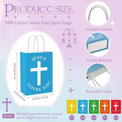 Fullhawl 50 PCS Easter Christian Gift Bags Bulk يسوع يحبك أكياس الورق الدينية مع مقبض معمودية المعمودية الأولى تفضل Goodie ملهمة للكنيسة (الأسلوب الأبيض ، الكلاسيكية) in Saudi Arabia
