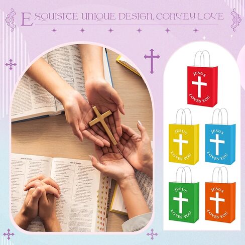 Fullhawl 50 PCS Easter Christian Gift Bags Bulk يسوع يحبك أكياس الورق الدينية مع مقبض معمودية المعمودية الأولى تفضل Goodie ملهمة للكنيسة (الأسلوب الأبيض ، الكلاسيكية) in Saudi Arabia