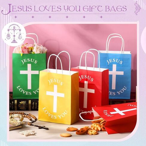 Fullhawl 50 PCS Easter Christian Gift Bags Bulk يسوع يحبك أكياس الورق الدينية مع مقبض معمودية المعمودية الأولى تفضل Goodie ملهمة للكنيسة (الأسلوب الأبيض ، الكلاسيكية) in Saudi Arabia