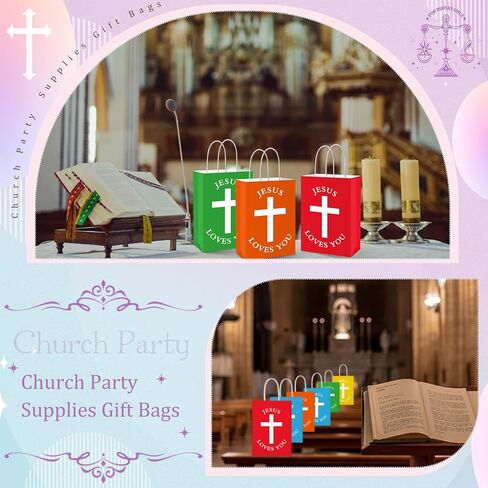 Fullhawl 50 PCS Easter Christian Gift Bags Bulk يسوع يحبك أكياس الورق الدينية مع مقبض معمودية المعمودية الأولى تفضل Goodie ملهمة للكنيسة (الأسلوب الأبيض ، الكلاسيكية) in Saudi Arabia
