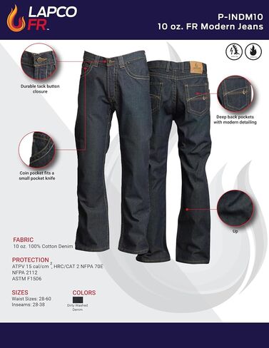 LAPCO FR Modern Jeans for Men, Flame Retardant Work Pants, Relaxed Fit, Low-Rise, Bootcut, Washed Denim, P-INDM45 in Kuwait