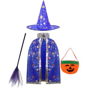 Kids Wizard Costume Boys Girls Magician Costume Cloak Hat besom for Halloween Party Cosplay 3-10 Years