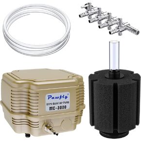 Pawfly 254 GPH Aquarium Air Pump with Large Bio Sponge Filter Multi-Port Air Flow Control Lever Valve Splitter and Airline Tubing for Fish Tanks Ponds and DWC Systems