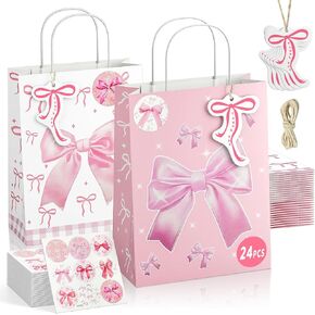 onteftshop 24 PCS Pink Bow Paper Gift With Bandles ، Coquette Pink Bow Birth Birthdy Barty Decoration Beacs City Girl