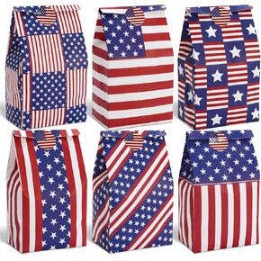 anydesign 36 pack الأكياس الوطنية معالجة مع ملصقات العلم الأمريكي Stars Stripes Paper Fafore Bags Facs 4th July Candy Gift Facs for Independence Memorial Day Party Party Supplies Supplies