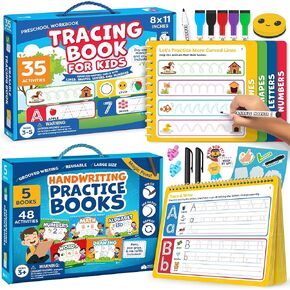 Momo & Nashi Dry Erase Tracing Books for Kids & Magic Grooved Handwriting Practice for Kids with Disappearing Ink - Set of 2 Preschool Learning Activities