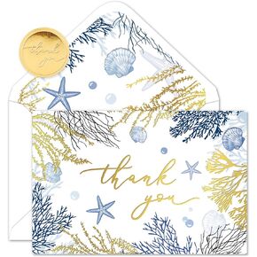 Whaline 24 Pack Ocean Thank You Cards Gold Foil Blue Coral Greeting Cards with Envelopes Stickers Blank Note Cards for Coastal Beach Birthday Baby Shower Party Supplies, 4 x 6 Inch