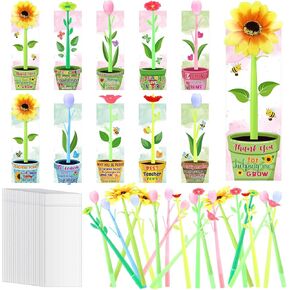 Teacher Appreciation Gifts Bulk 11 Flower Pens with Flowerpot Shaped Cards and OPP Bags Tulip Sunflower Ballpoint Pens Color Changing Thank You Teacher Gifts for School Office Supplies