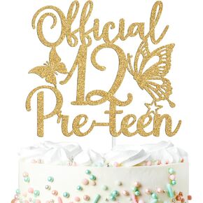 Official 12 Pre-teen Cake Topper for Boy or Girl,Bruh I'm 12, Hello Twelve, Butterfly 12th Birthday Party Decorations Supplies, Gold Glitter