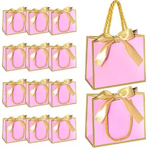 EQOREIIN 50 PCS Small Gift Bags with Handles,White Mini Bag,5.5x 2.5x4.7 Inches Small Thank You Gift Bags Bulk with Ribbon for Party Favors,Mother's Day, Goodie, Weddings,Baby Shower(White Gold)