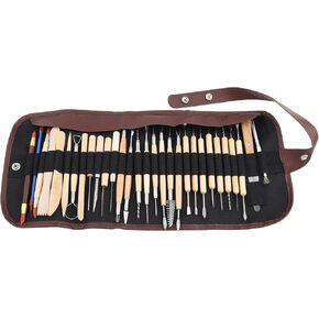 30 Pcs Clay Sculpting Wax Carving Pottery Tool Set Sculpting Tools With Carrying Rolling Cloth Bag Wooden Handle and Metal Embossing Pattern Clay Doll Sculpting Modeling Smoothing