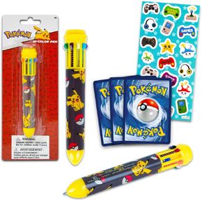 Pokemon Pen Set - 10 Color in One Pokemon Ballpoint Pen Gift Bundle for Kids Featuring Pikachu Plus Pokemon Cards and Stickers | Pokemon Stationery for Kids