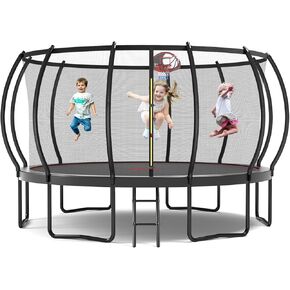Tatub Large Trampolines Outdoor 10 12 14 15 16FT for Kids and Adults,Outdoor Recreational Pumpkin Trampolines with Curved Poles and Safety Enclosure Net, Basketball Hoop, Ladder