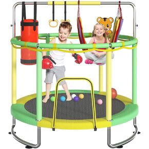 Trampoline for Kids, Upgrade Full Anti-Rust 440lbsToddler Trampoline with Net, Upgraded Ring Legs with Adjustable Gymnastics Bar&Toys, Gifts for Ages 1-8 Boys&Girls