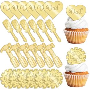 Father's Day Cupcake Toppers, 40Pcs Golden Mirror Happy Father's Day Cake Picks Acrylic Reflective Tool Theme Mixed Shaped Cake Charms